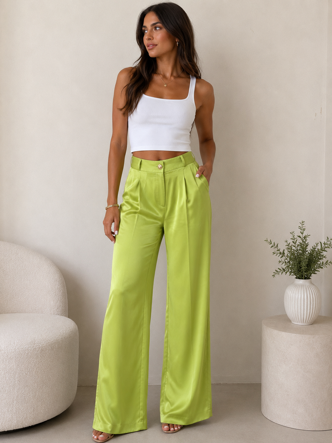 River Island Lime Green Satin Wide-Leg Trousers – Size 10