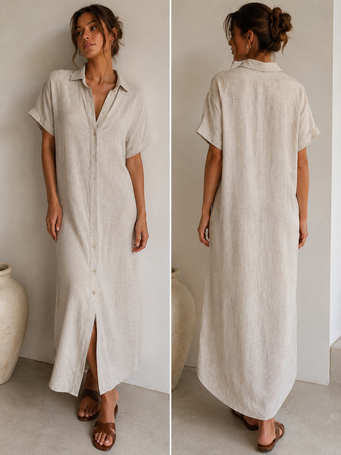 Weekday Beige Linen-Blend Shirt Midi Dress – XS
