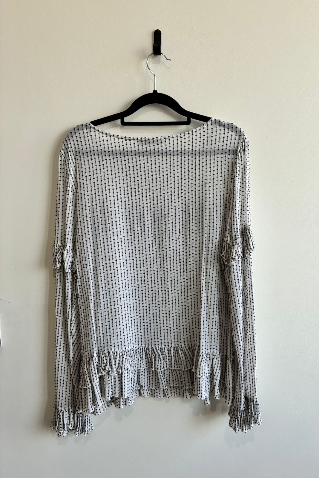 AllSaints Cream Black Dot Print Ruffle Bell Sleeve Blouse – Large
