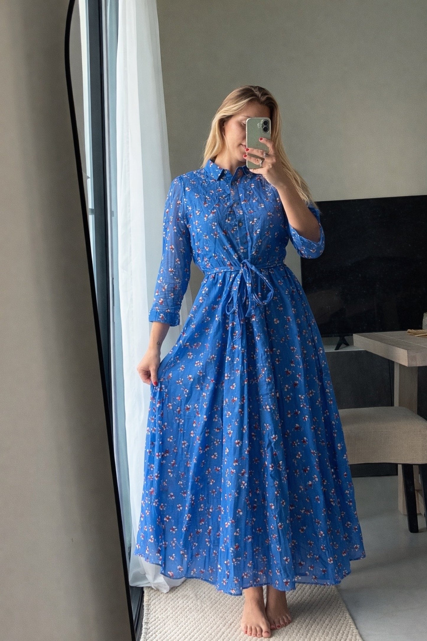 Blue Floral Midi Dress with Tie Waist