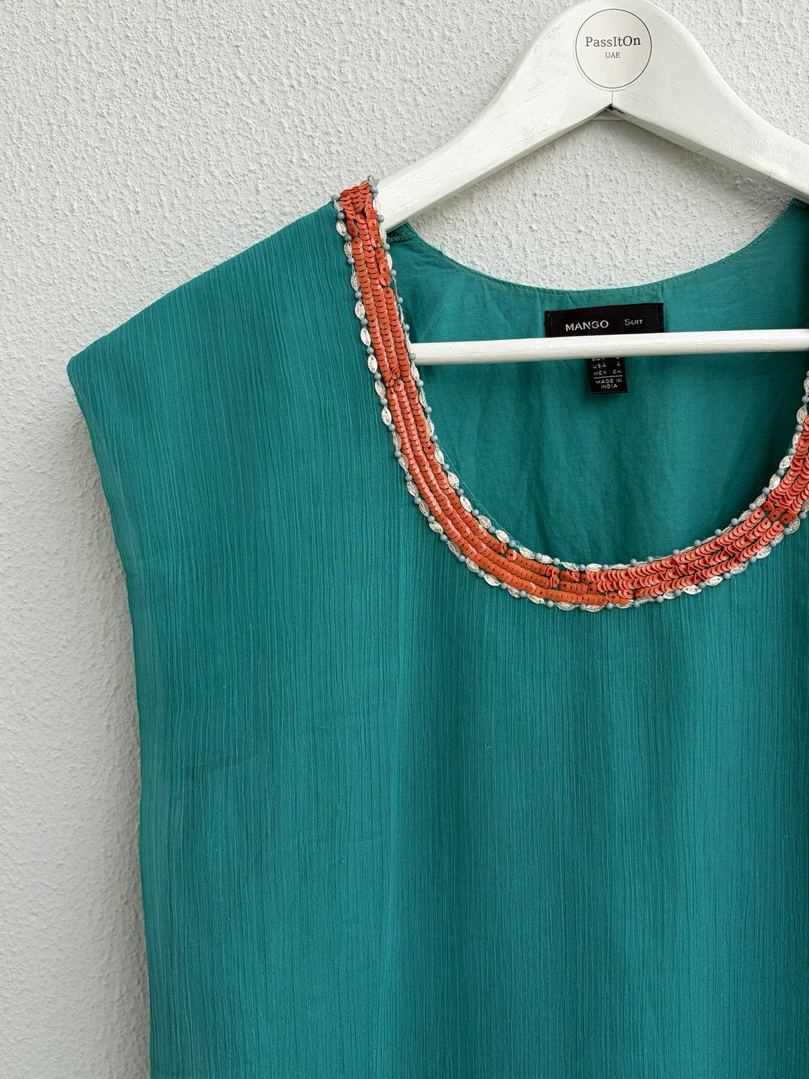 Mango Sleeveless Beaded Top – Teal Green