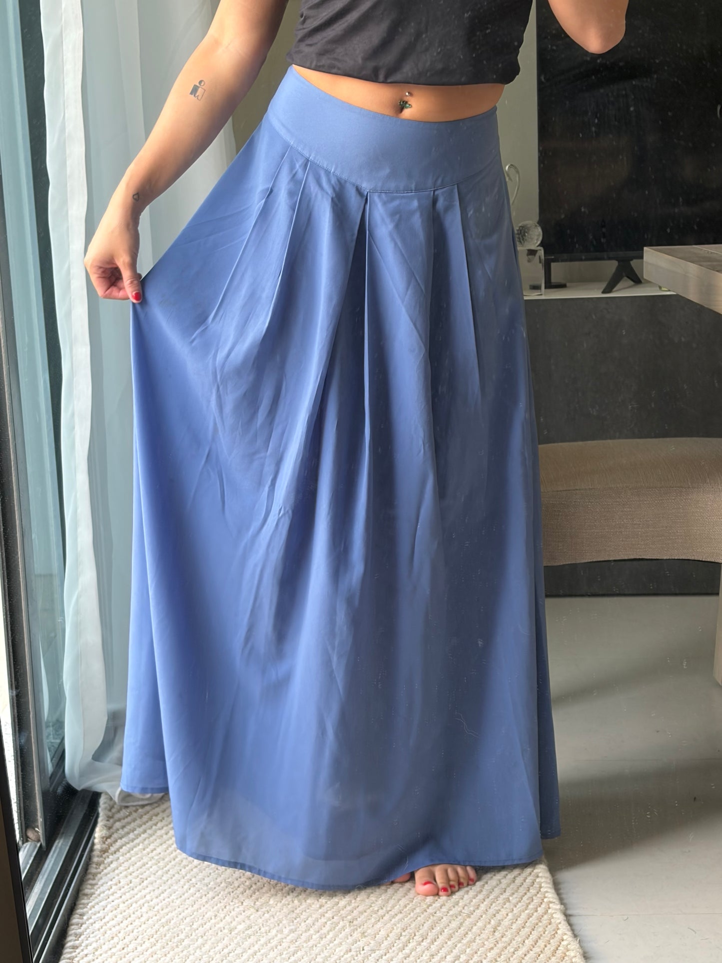 blue high-waisted maxi skirt
