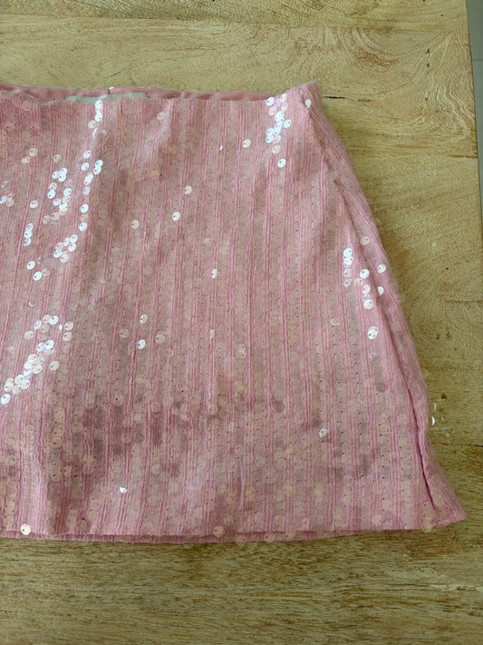 pink sequin ruched mini skirt