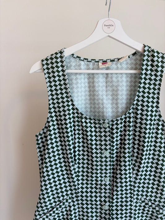 Green & White Patterned Button-Front Dress