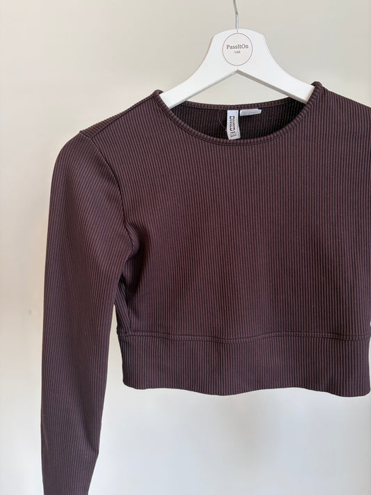Brown Ribbed Long Sleeve Crop Top