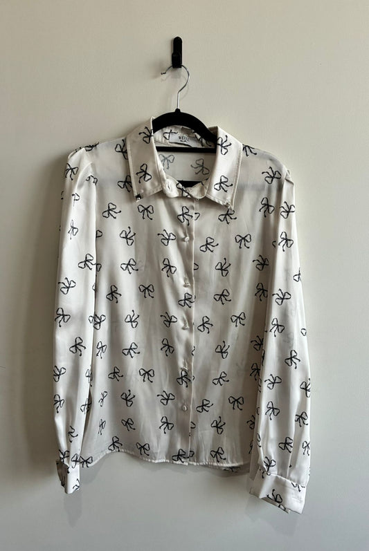 Weill Paris White Bow Print Satin Long Sleeve Shirt