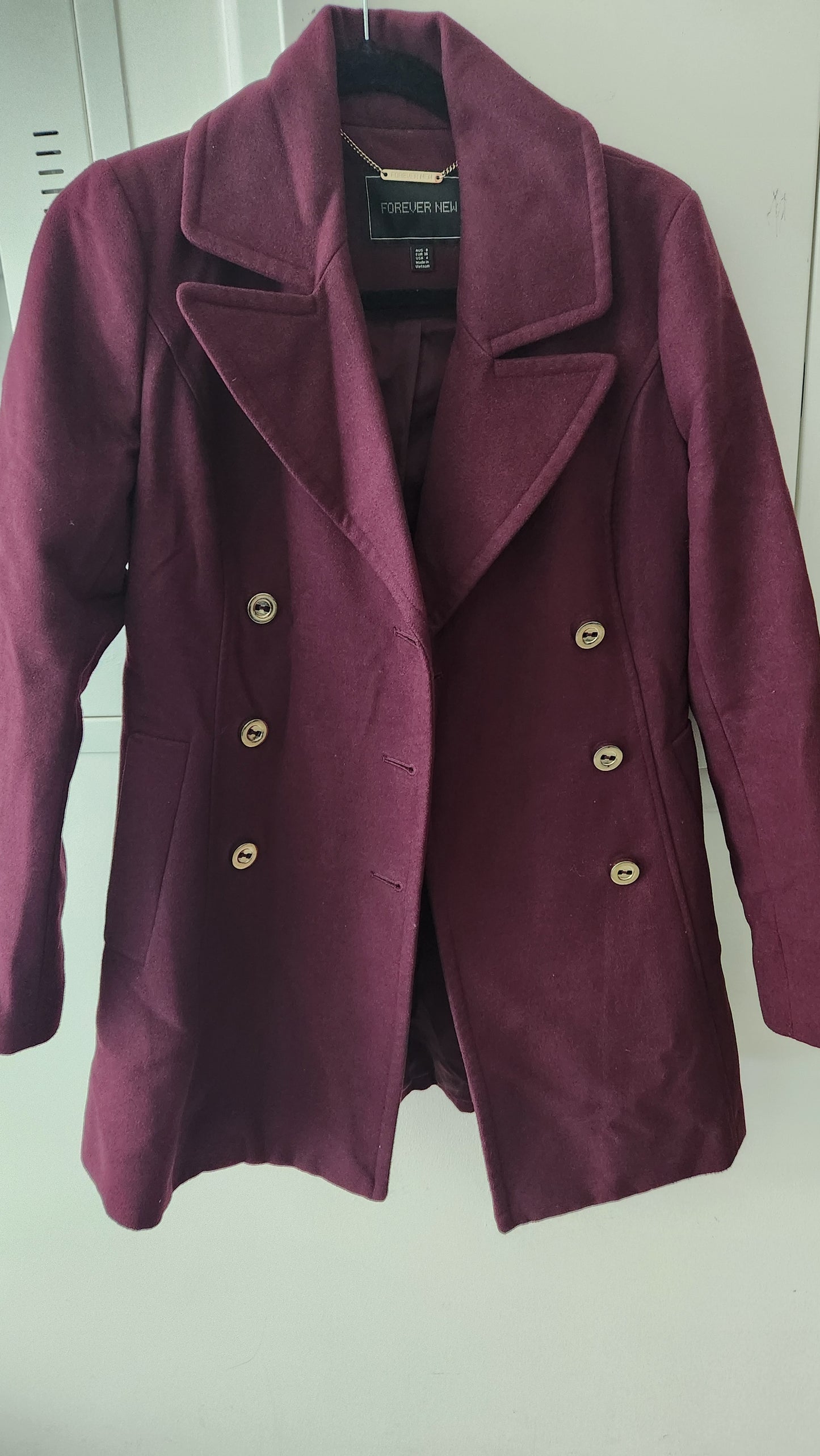 Forever New Double-Breasted Coat - Burgundy - Size AU 8