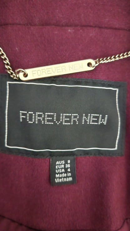 Forever New Double-Breasted Coat - Burgundy - Size AU 8
