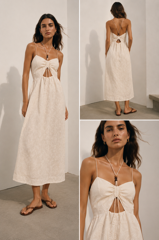 White Embroidered Open-Back Midi Dress – XS