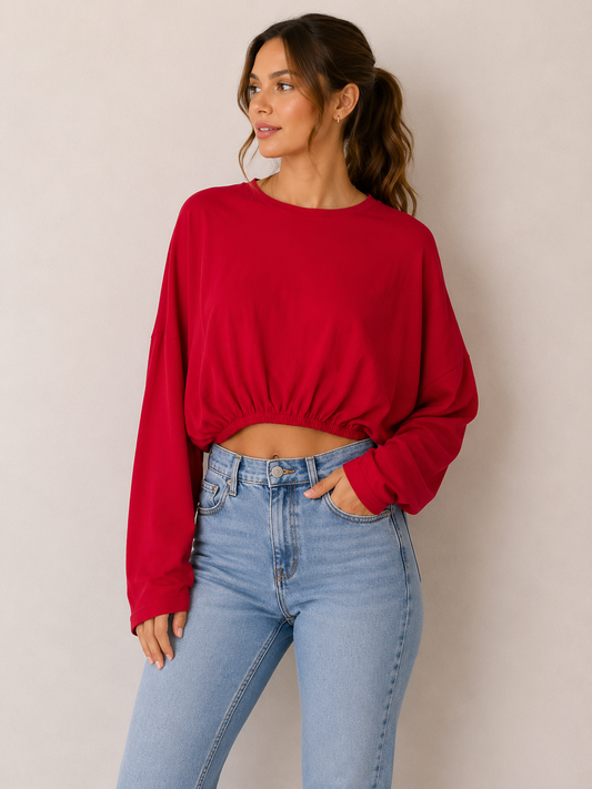 Red Cropped Long Sleeve Top
