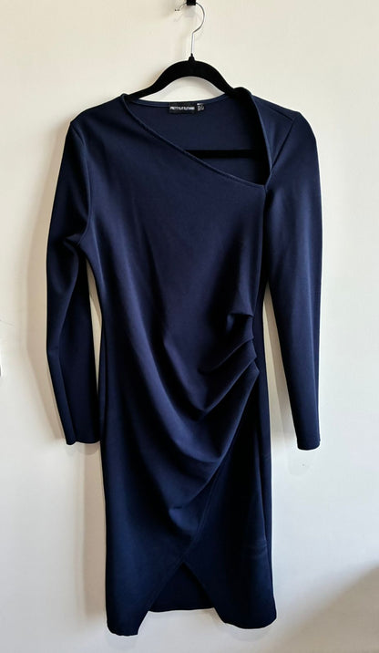 PrettyLittleThing Navy Blue Asymmetric Neck Ruched Long Sleeve Midi Dress – UK 12