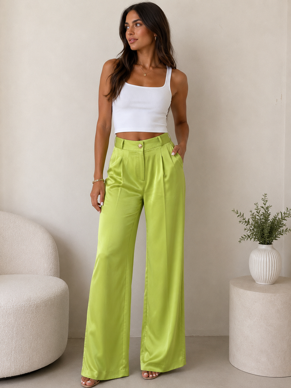 River Island Lime Green Satin Wide-Leg Trousers – Size 10