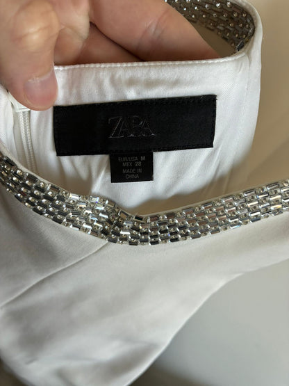 Zara White Rhinestone Crystal Strap Midi Dress – Size M