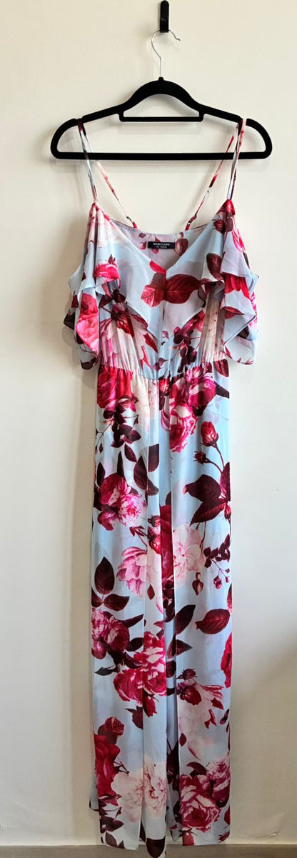 Marciano Los Angeles Blue Floral Cold-Shoulder Ruffle Maxi Dress