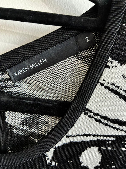 Karen Millen Black & White Abstract Feather Print Knit Bodycon Dress – Size 2