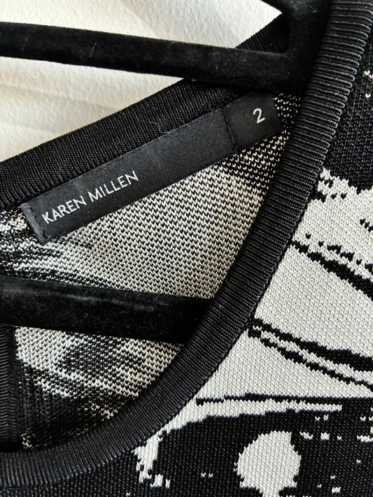 Karen Millen Black & White Abstract Feather Print Knit Bodycon Dress – Size 2