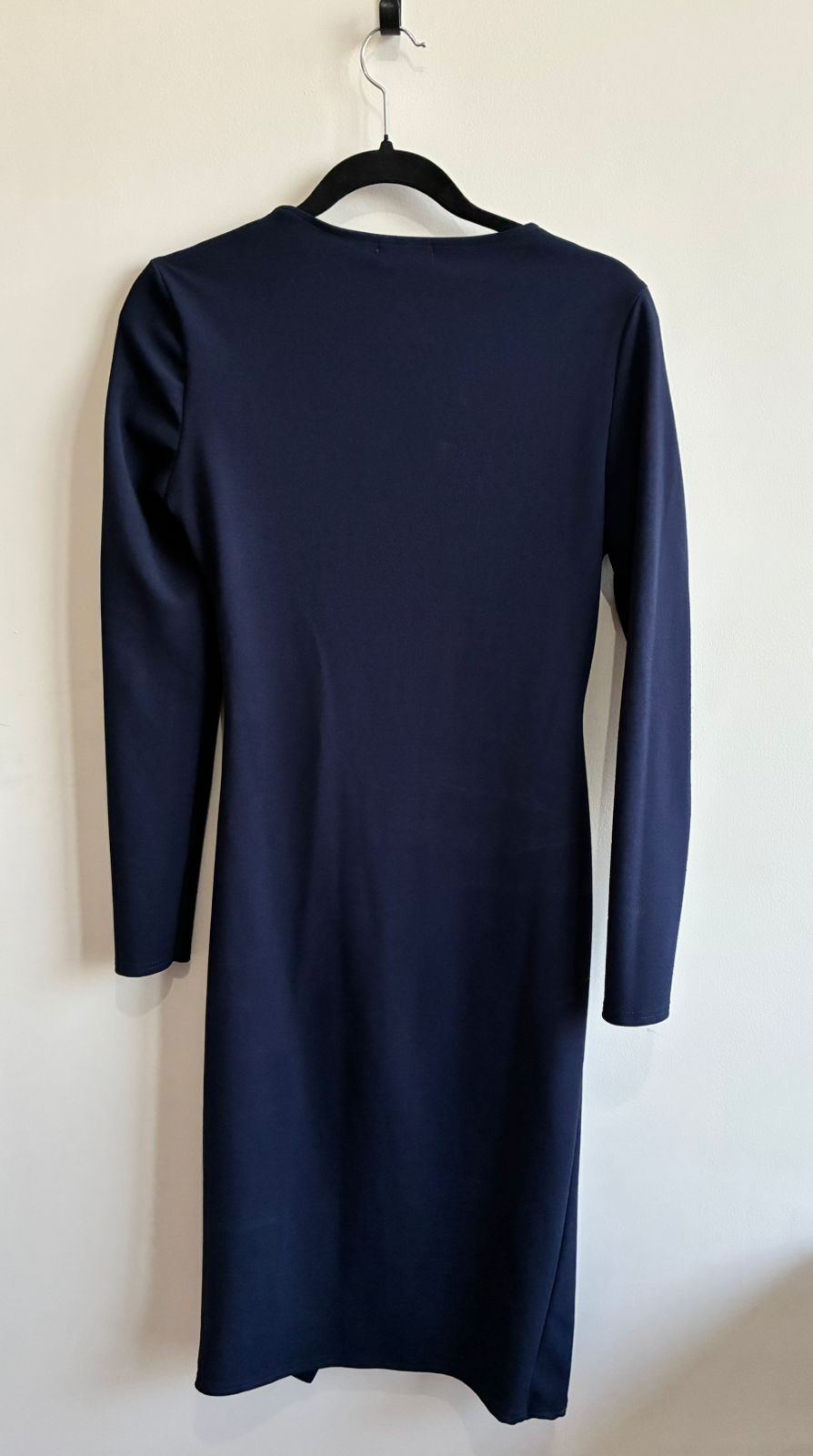 PrettyLittleThing Navy Blue Asymmetric Neck Ruched Long Sleeve Midi Dress – UK 12