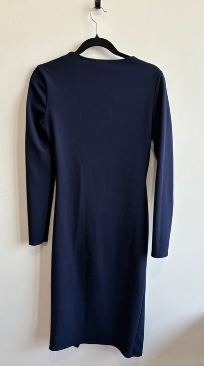 PrettyLittleThing Navy Blue Asymmetric Neck Ruched Long Sleeve Midi Dress – UK 12