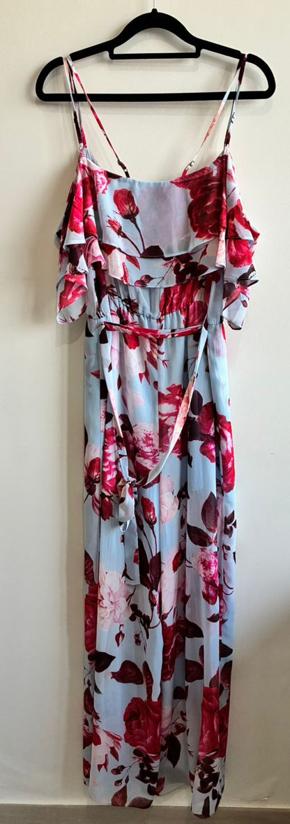 Marciano Los Angeles Blue Floral Cold-Shoulder Ruffle Maxi Dress