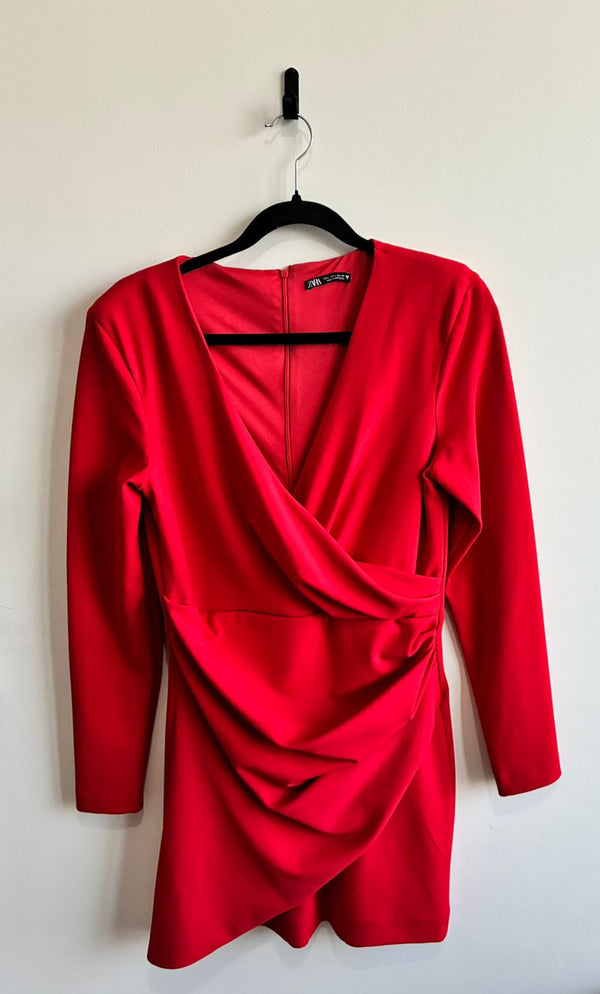 Zara Red Draped V-Neck Long Sleeve Mini Dress – Size L