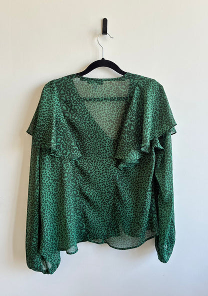 Topshop Green Leopard Print Ruffle Wrap Blouse