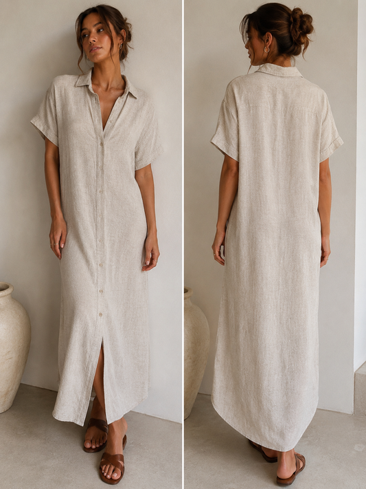 Weekday Beige Linen-Blend Shirt Midi Dress – XS
