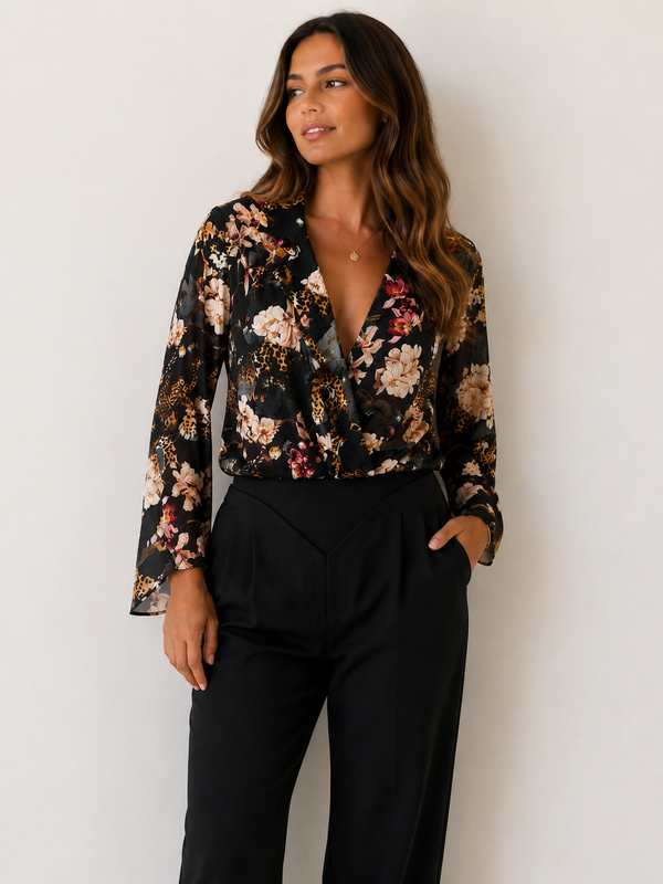 Ginger Floral & Leopard Print Wrap Bodysuit
