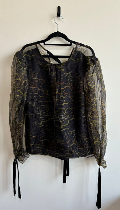 Sheer Leopard Puff Sleeve Blouse with Ribbon Ties Brand