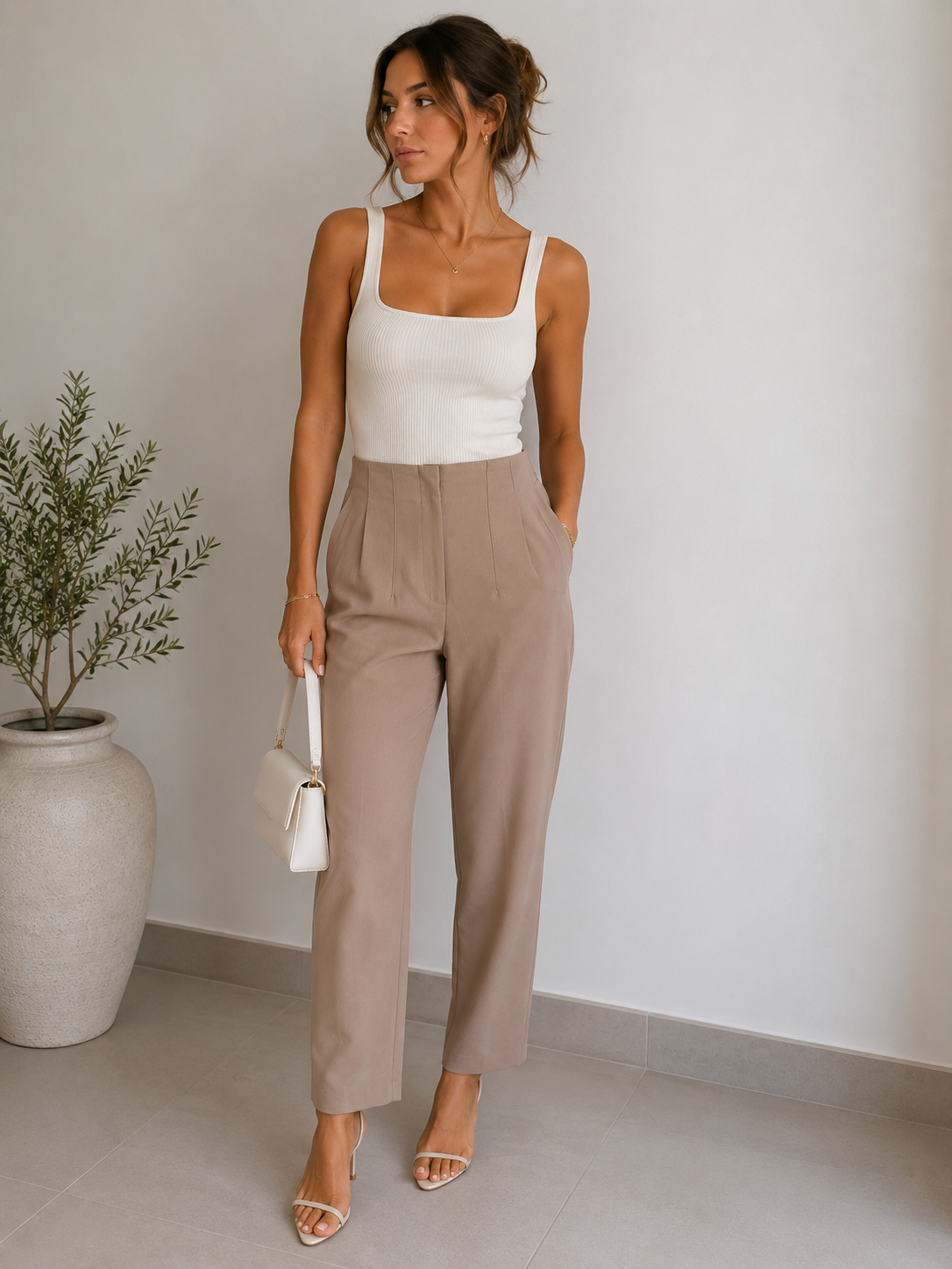 Zara High-Waisted Tailored Trousers – Beige | Size M