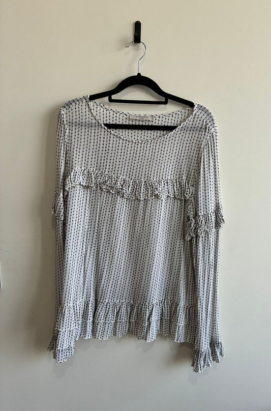 AllSaints Cream Black Dot Print Ruffle Bell Sleeve Blouse – Large