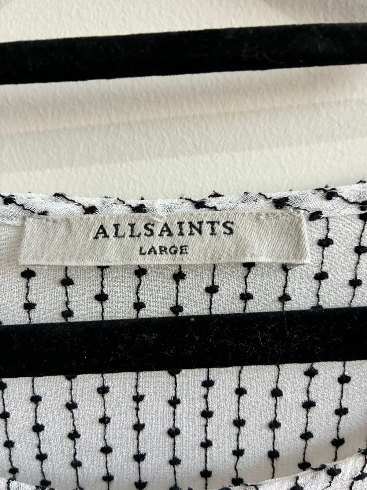 AllSaints Cream Black Dot Print Ruffle Bell Sleeve Blouse – Large