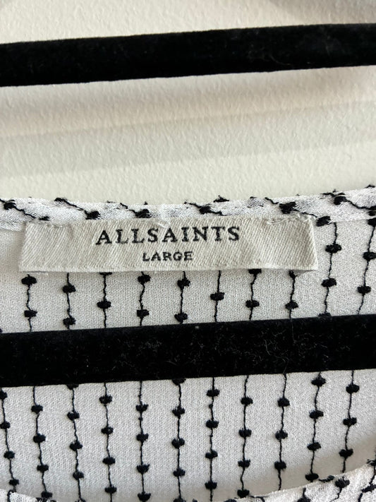 AllSaints Cream Black Dot Print Ruffle Bell Sleeve Blouse – Large