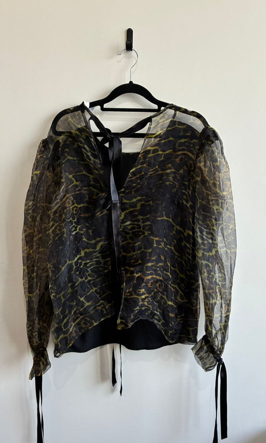 Sheer Leopard Puff Sleeve Blouse with Ribbon Ties Brand