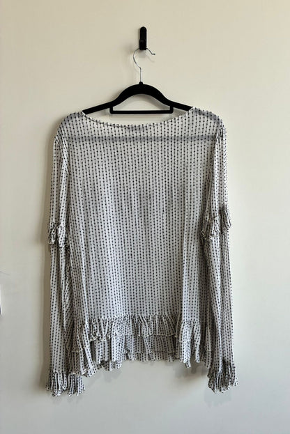 AllSaints Cream Black Dot Print Ruffle Bell Sleeve Blouse – Large