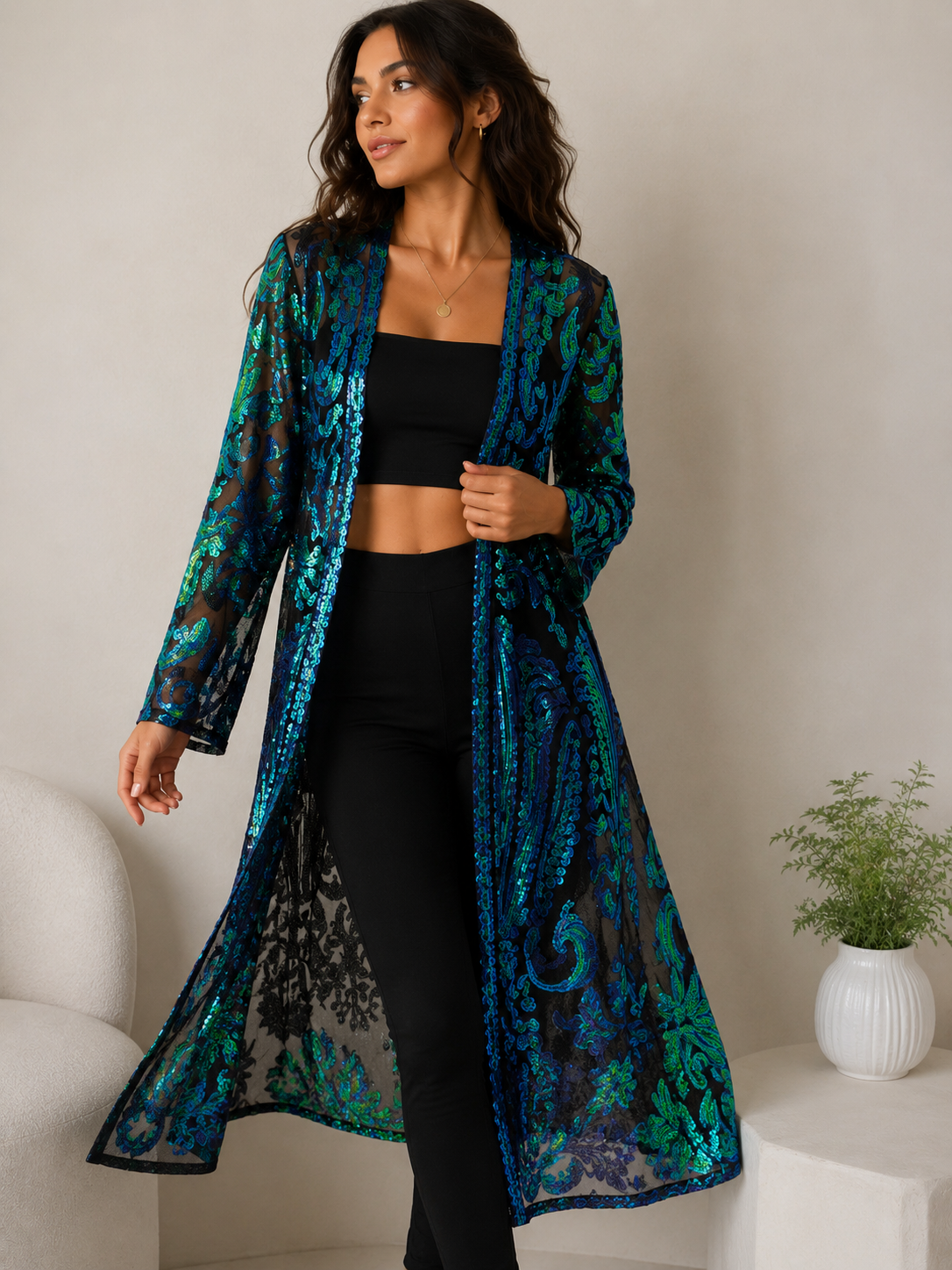Sequin Mesh Kimono Cover-Up – Blue & Green