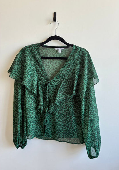 Topshop Green Leopard Print Ruffle Wrap Blouse