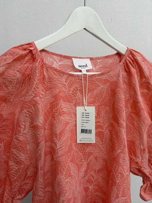 Seed Heritage Puff Sleeve Mini Dress – Coral Leaf Print