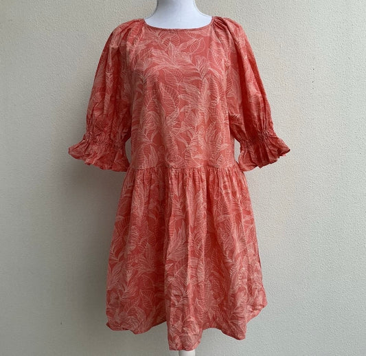 Seed Heritage Puff Sleeve Mini Dress – Coral Leaf Print