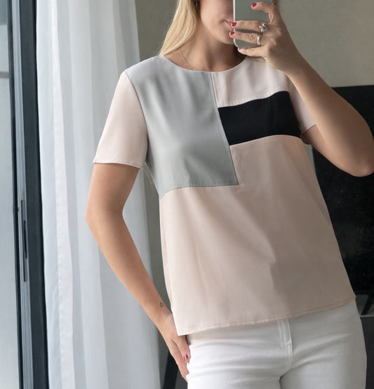 Colour-Block Short Sleeve Top – Blush / Grey / Black