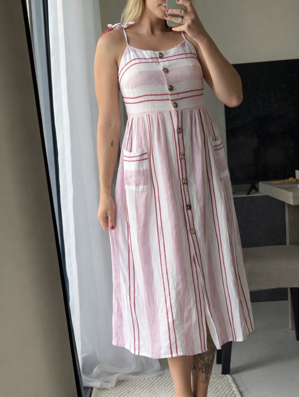 Striped Button-Front Midi Dress – White & Red
