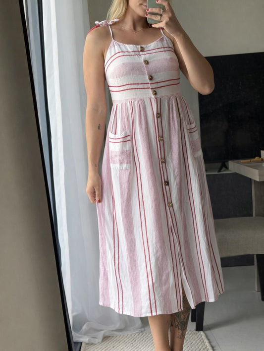 Striped Button-Front Midi Dress – White & Red