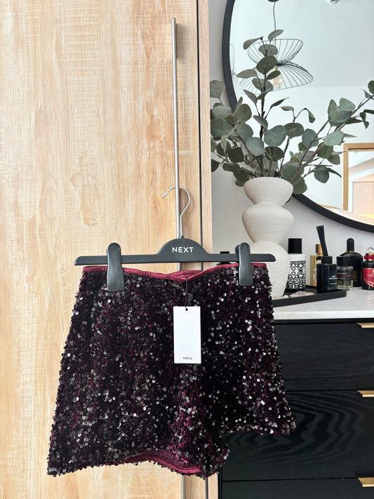 NEW Mango Burgundy Sequin Hot Pants Shorts