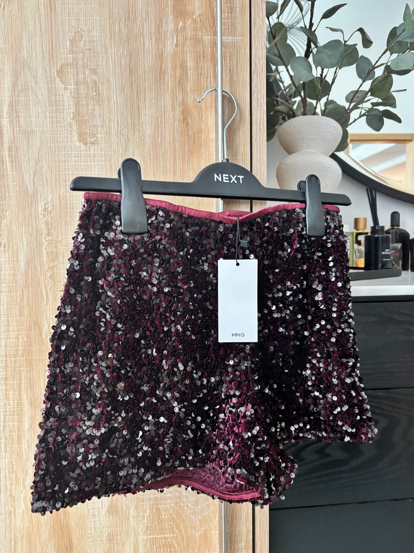 NEW Mango Burgundy Sequin Hot Pants Shorts