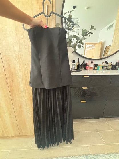 Mango Black Straless Maxi Occasion Dress with Pleat skirt