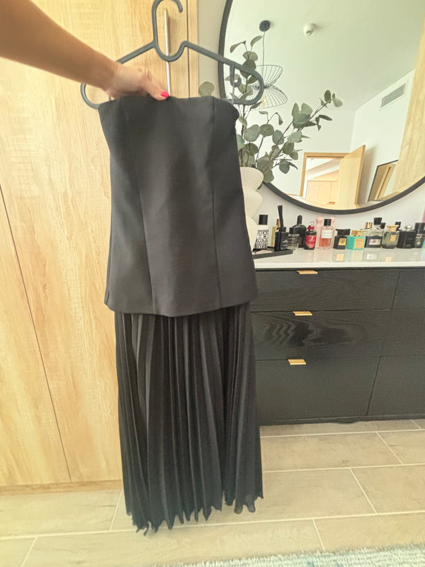 Mango Black Straless Maxi Occasion Dress with Pleat skirt