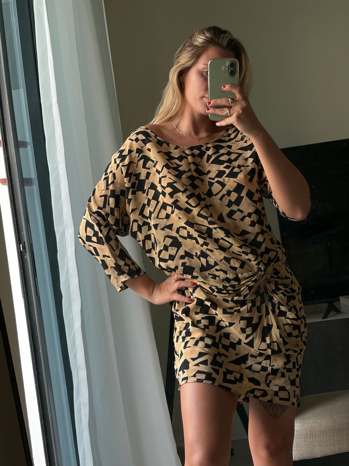 Abstract Print Mini Dress with Ruched Side Detail