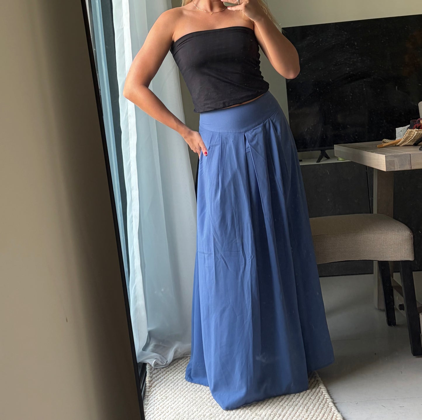 blue high-waisted maxi skirt