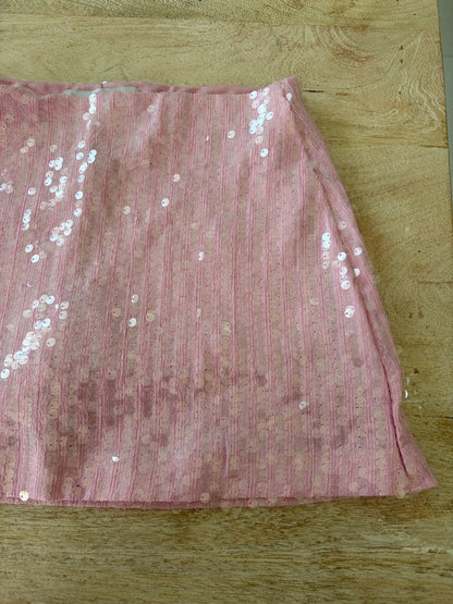 pink sequin ruched mini skirt