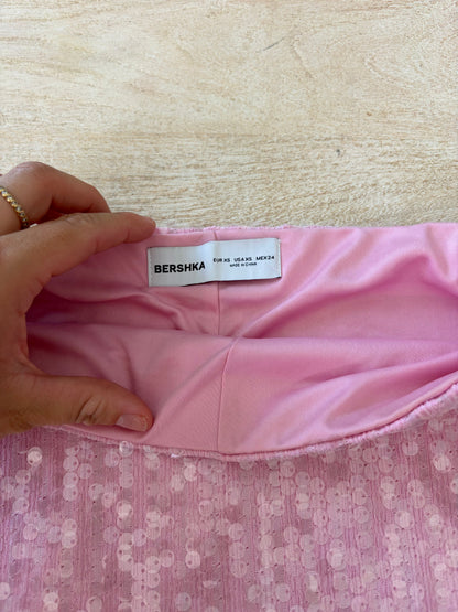 pink sequin ruched mini skirt