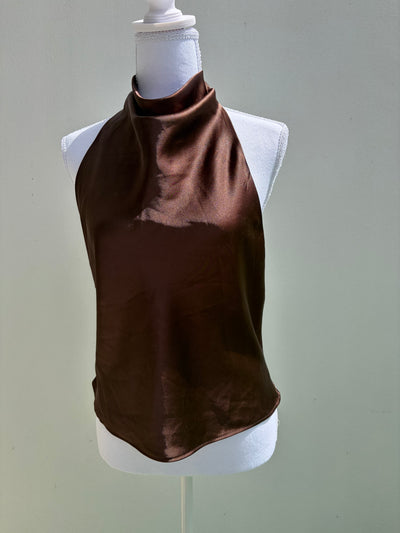 A sleek chocolate brown satin halter top